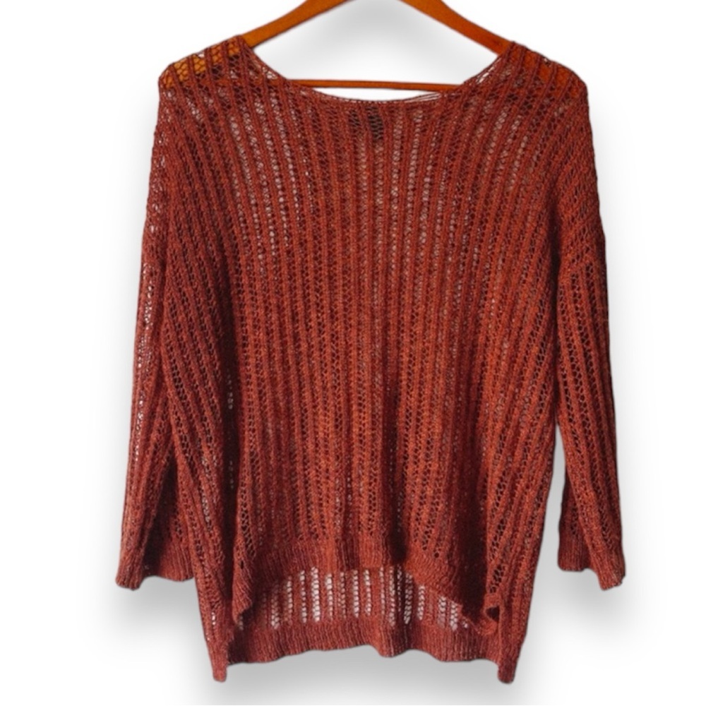 Free People Women's Brown Open Knit Pullover Sweater Long Sleeve Scoop Neck